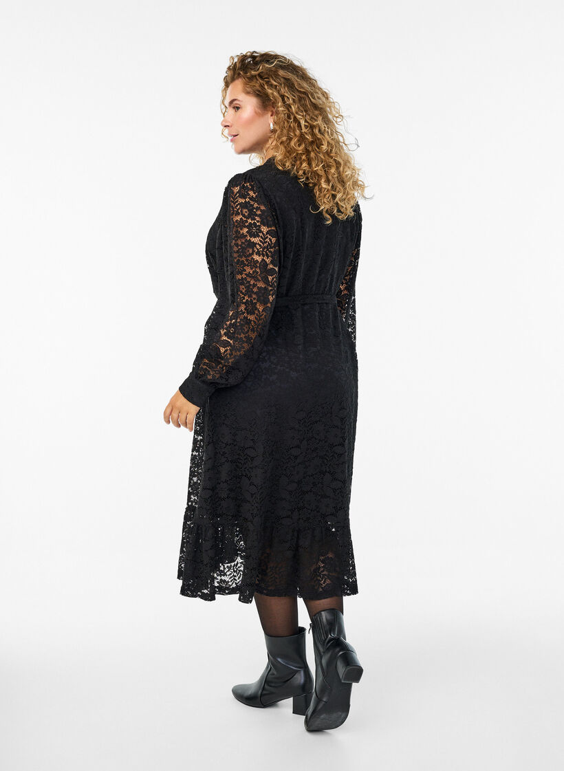 Kanten jurk met lange mouwen en een strikceintuur, Black, Model