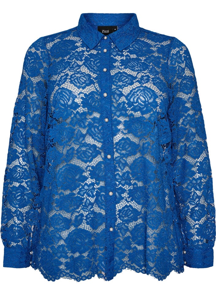 Kanten shirt met parelknopen, Blauw, Packshot image number 0