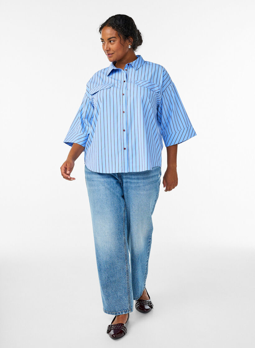 Gestreept katoenen shirt met wijde mouwen, Blauw, Model image number 1