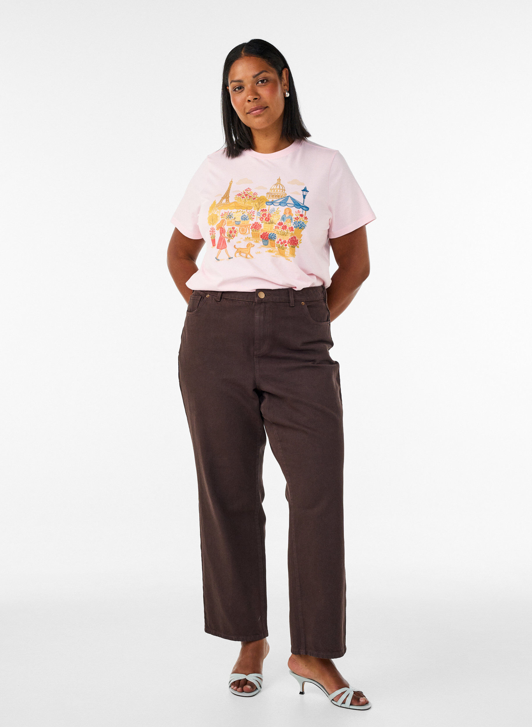 ZizziOrganisch katoenen T-shirt met print aan de voorkant, Roze, Model image number 1