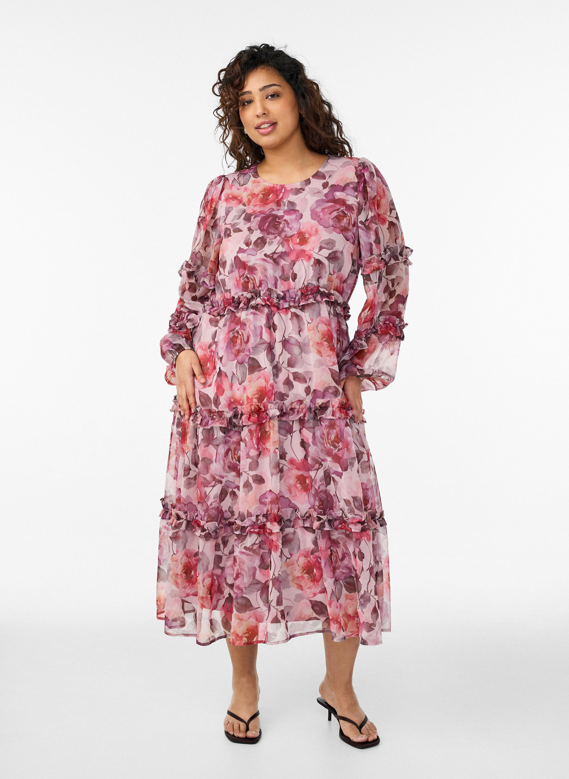 Midi-jurk met bloemenprint met ruches en doorschijnende mouwen, Roze, Model