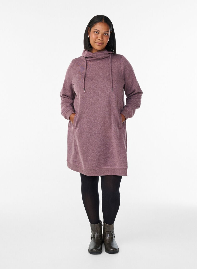 Kort sweatshirt jurk met hoge kraag en zakken, Rood, Model image number 1