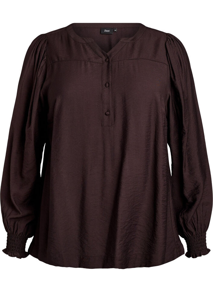 Viscose blouse met smock en geplooide details, Bruin, Packshot image number 0