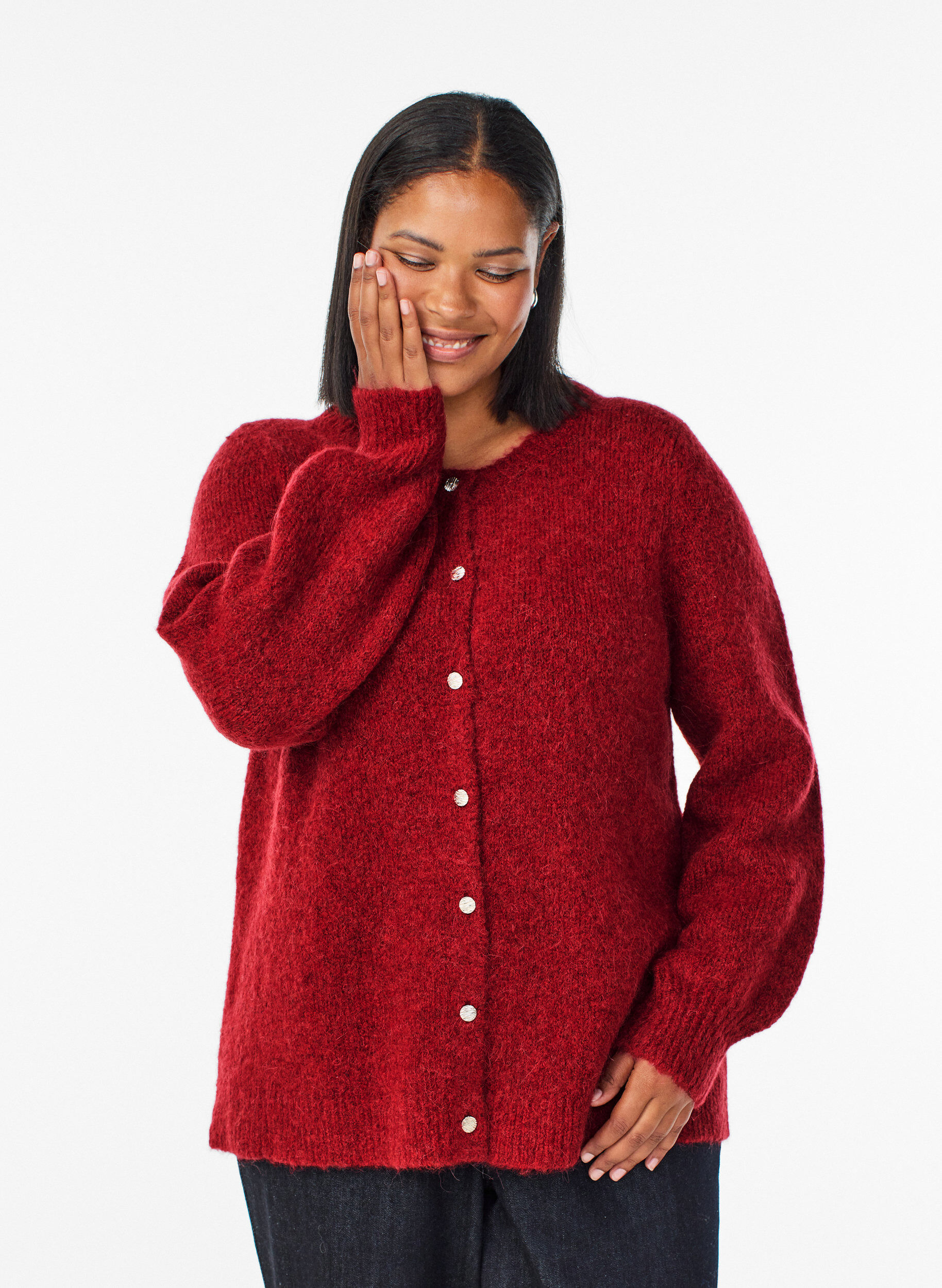 Cardigan met wol en alpaca en decoratieve knopen, Rood, Model