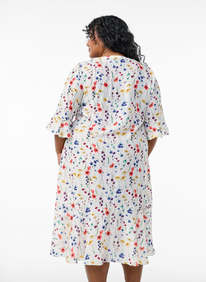 Gebloemde midi-jurk met 3/4-mouwen, Multi Flower AOP, Model