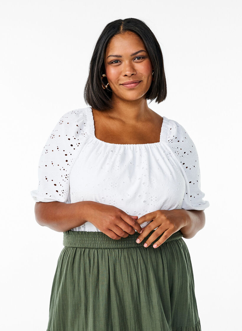 Blouse met korte pofmouwen en een opengewerkt patroon, Bright White, Model