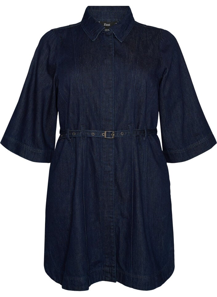 Denimjurk met riem en 3/4-mouwen, Blauw, Packshot image number 0