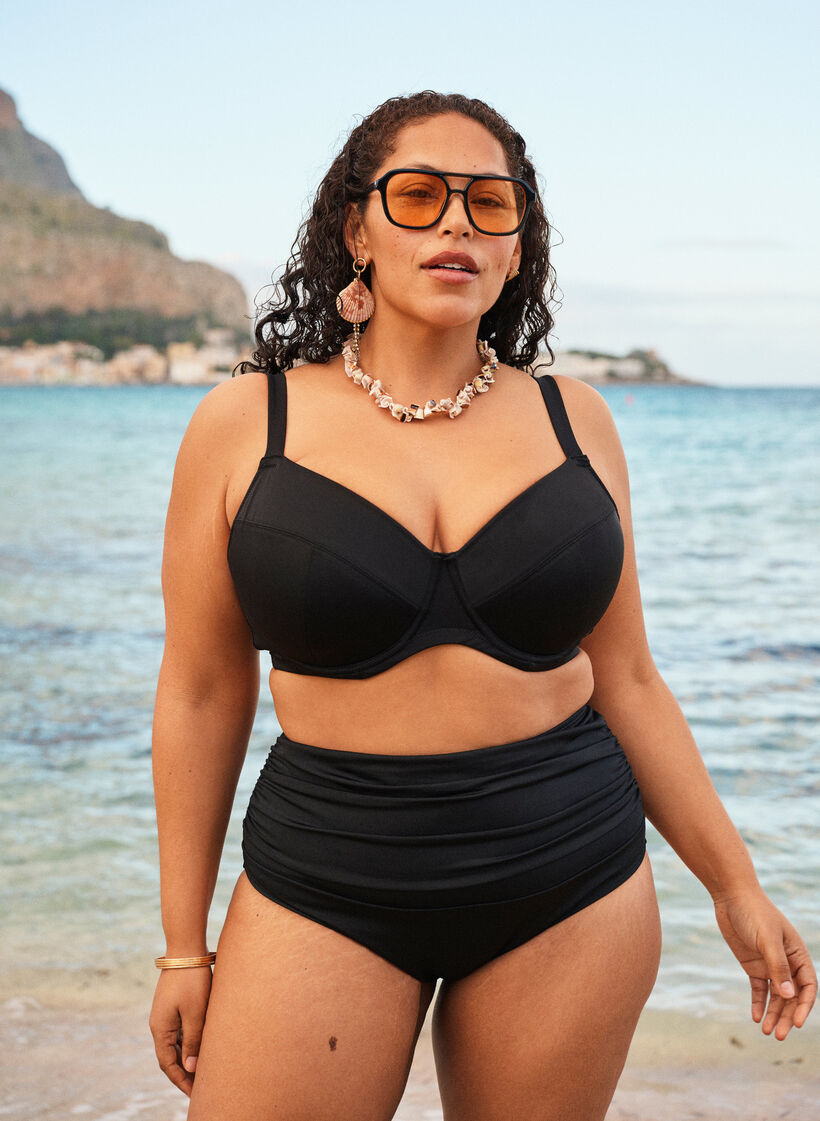 Culotte de bikini taille haute avec fronces, Noir, Image
