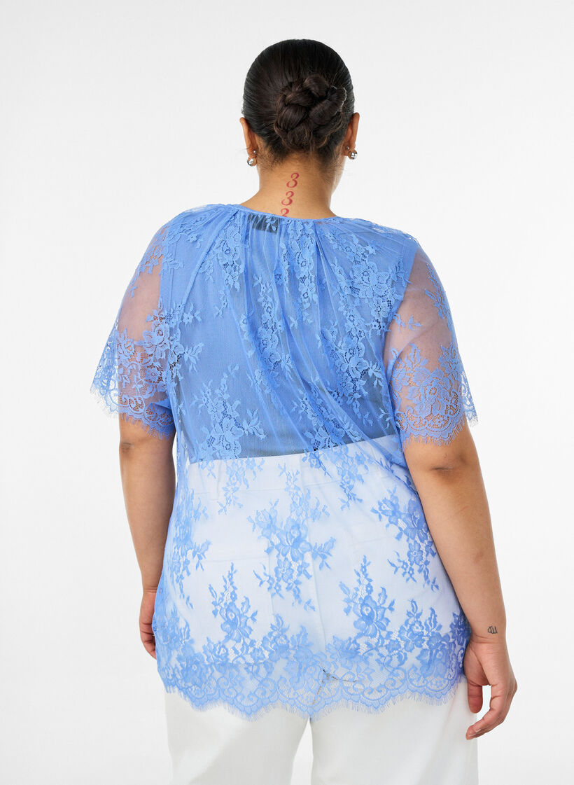 Korte mouwen kanten blouse met striksluiting, Paars, Model image number 2