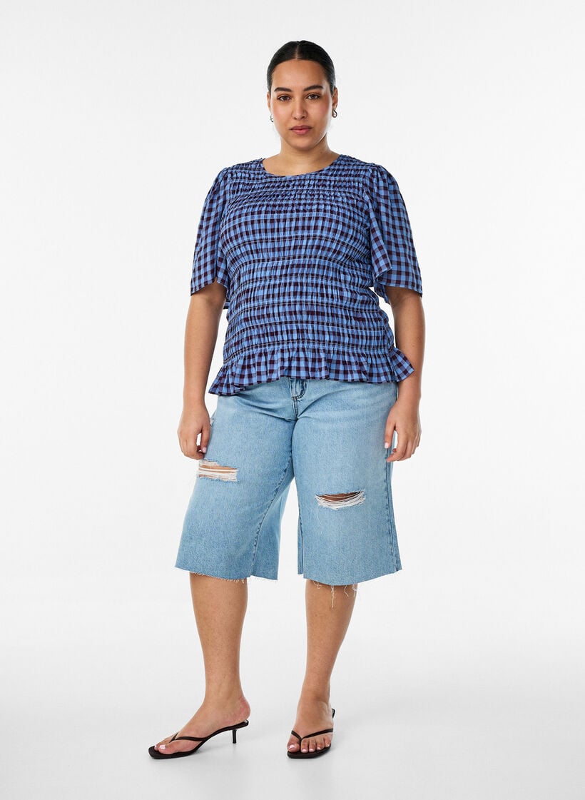 Smockblouse met ginghamruit en rucherand, Blauw, Model