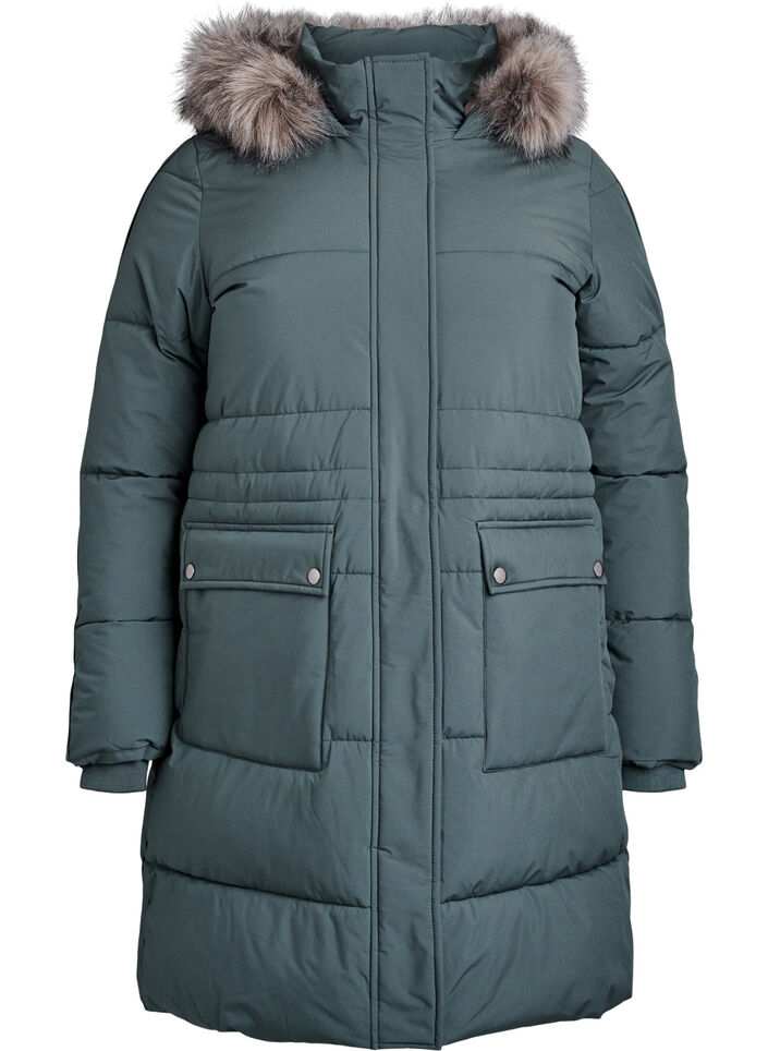 Waterafstotende parka met imitatiebontkraag, Groen, Packshot image number 0