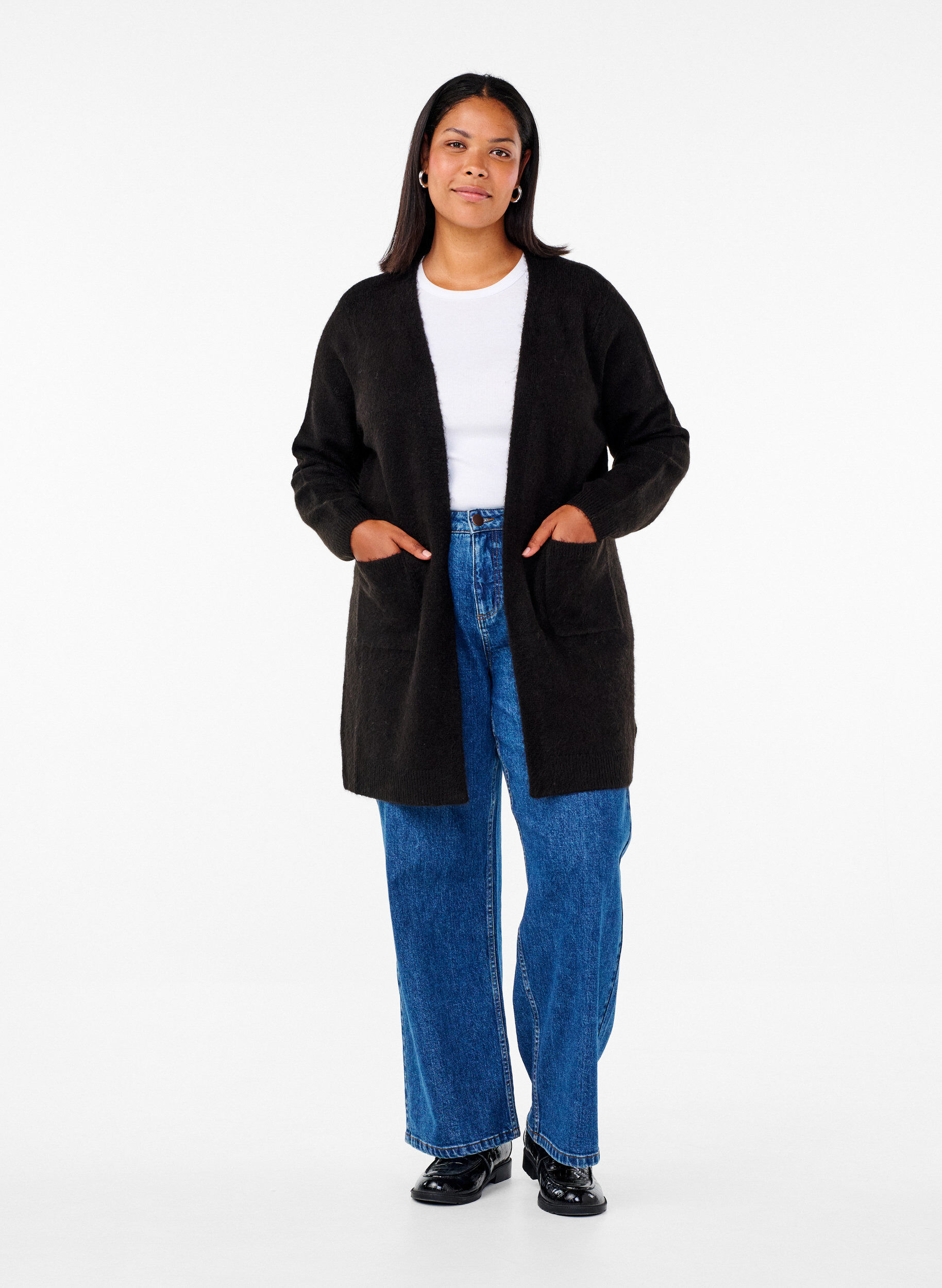 ZizziLange gebreide kleding vest met zakken, Zwart, Model image number 1