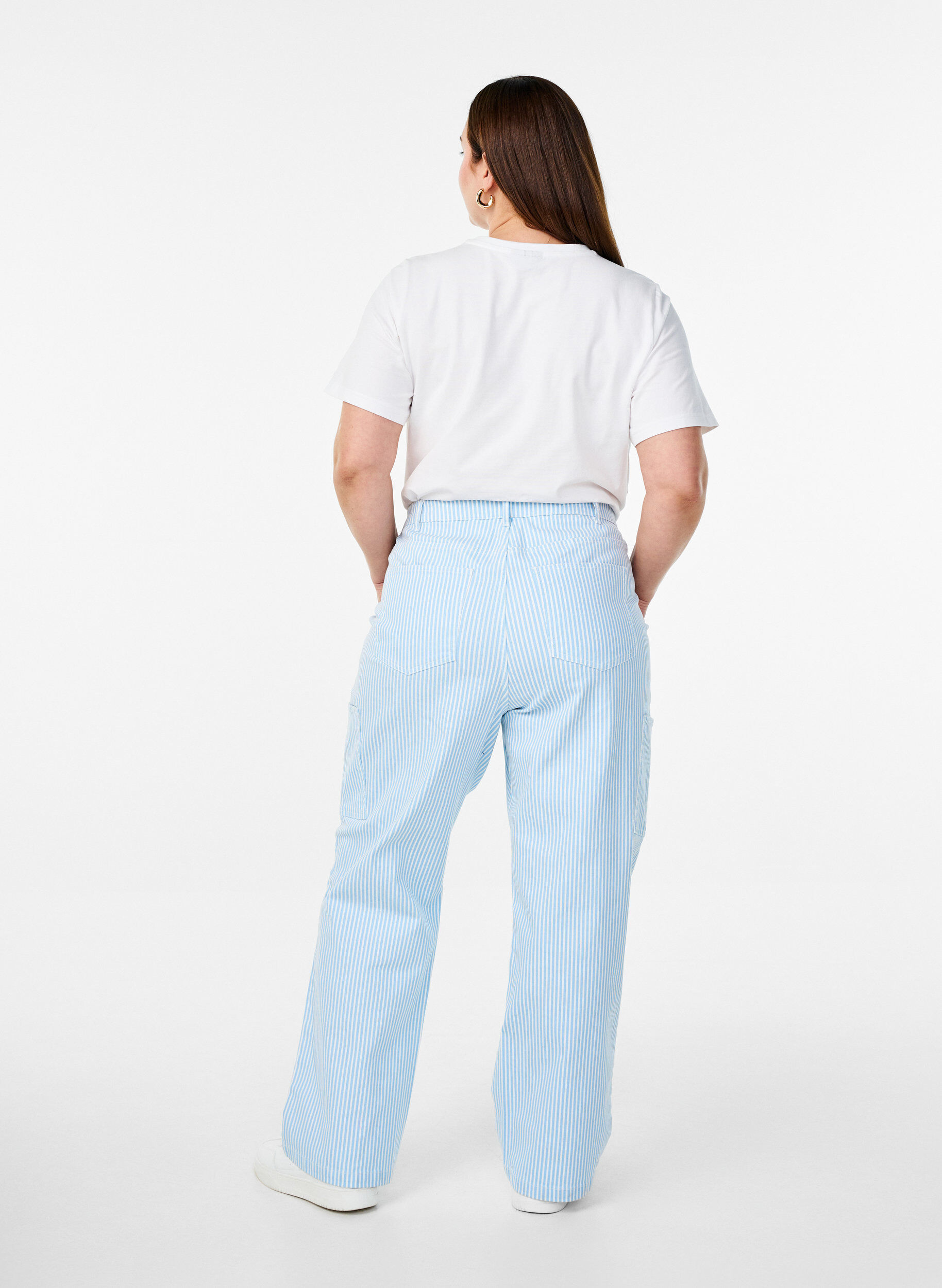 ZizziHoog getailleerde gestreepte cargo jeans, Blauw, Model image number 1