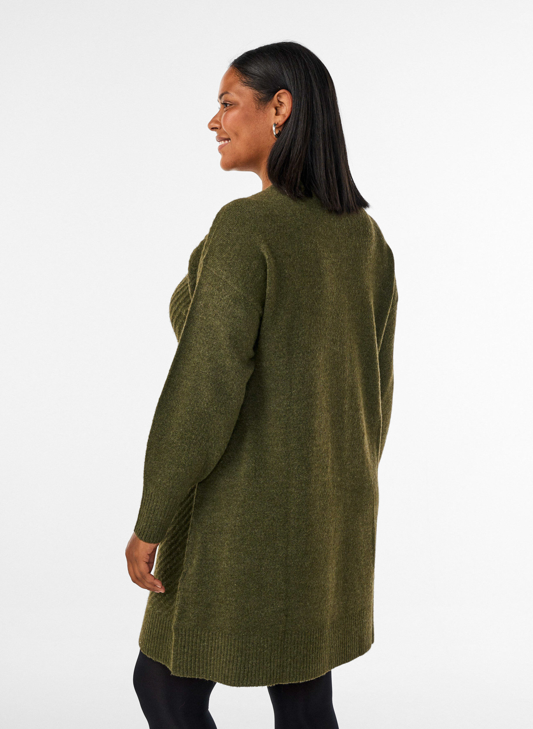 ZizziKorte gebreide jurk met een V-vormig textuurpatroon, Groen, Model image number 2