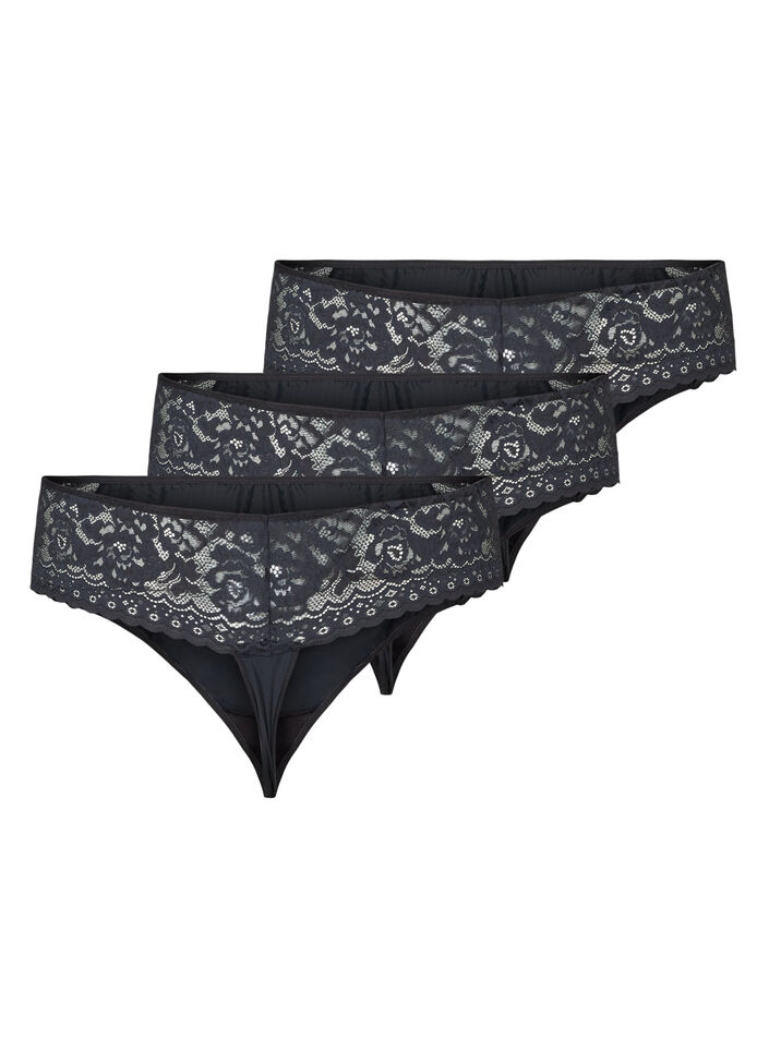 3-pack g-string met kanten rand, Black, Packshot