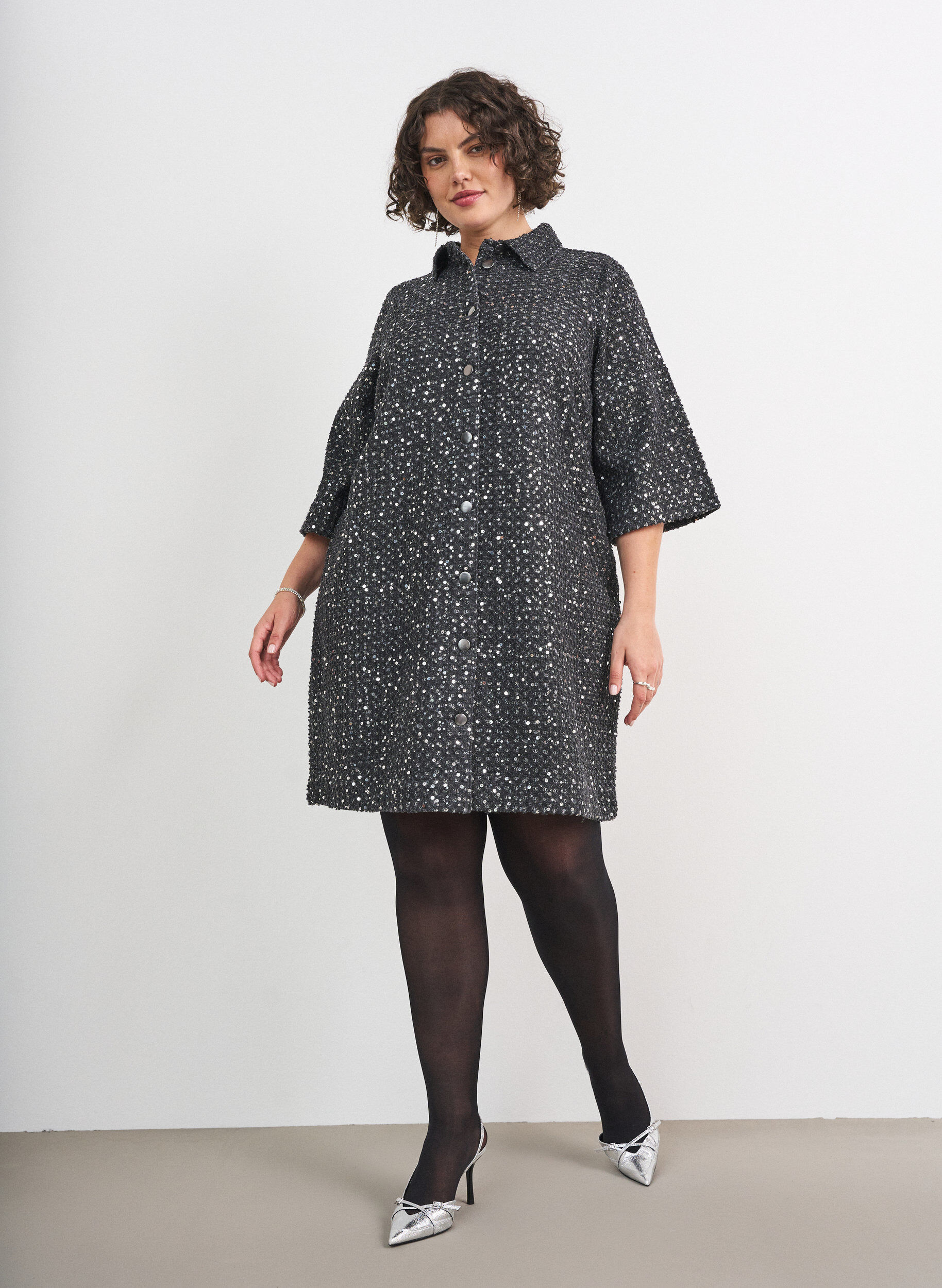 ZizziDenim jurk met pailletten en 3/4-mouwen, Zwart, Model image number 1