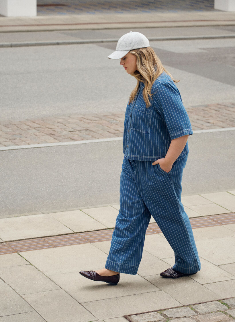 Denim jeans met wijde pijpen en strepen, Blauw, Image image number 0