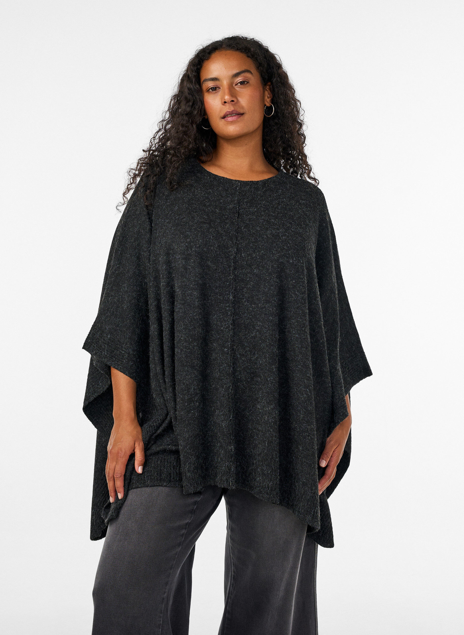 Poncho met ronde hals en breisel, Grijs, Model