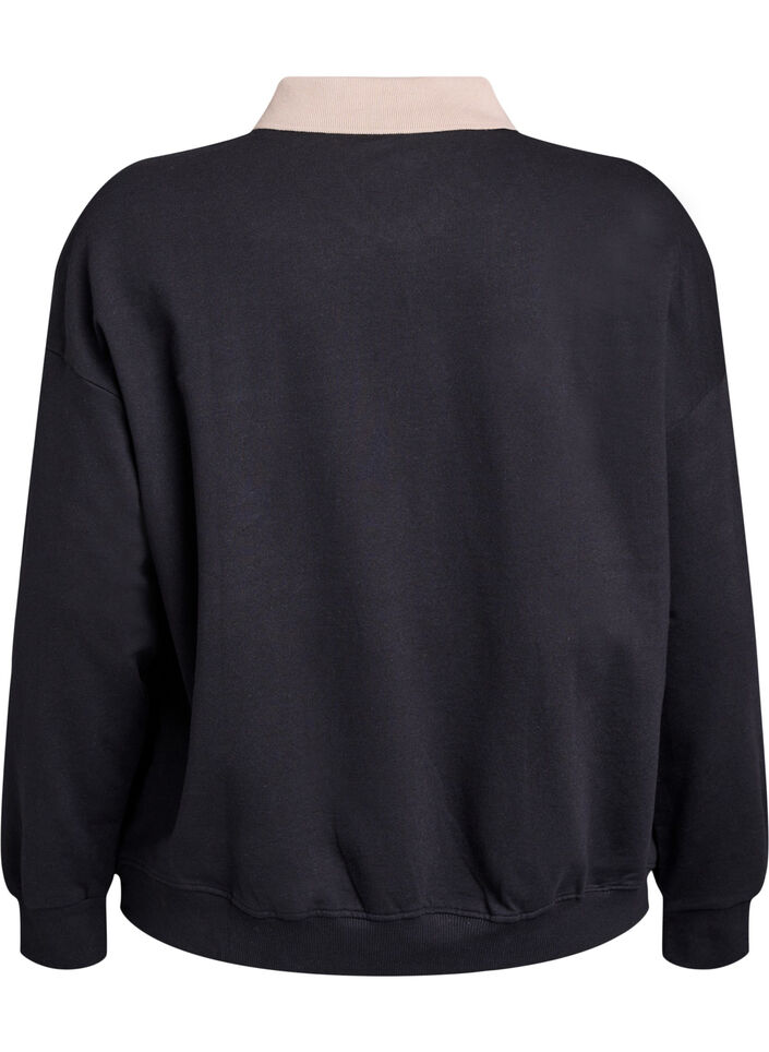 Sweatshirt met kraag en contrastprint van biologisch katoen, Black w. Simply Taup, Packshot
