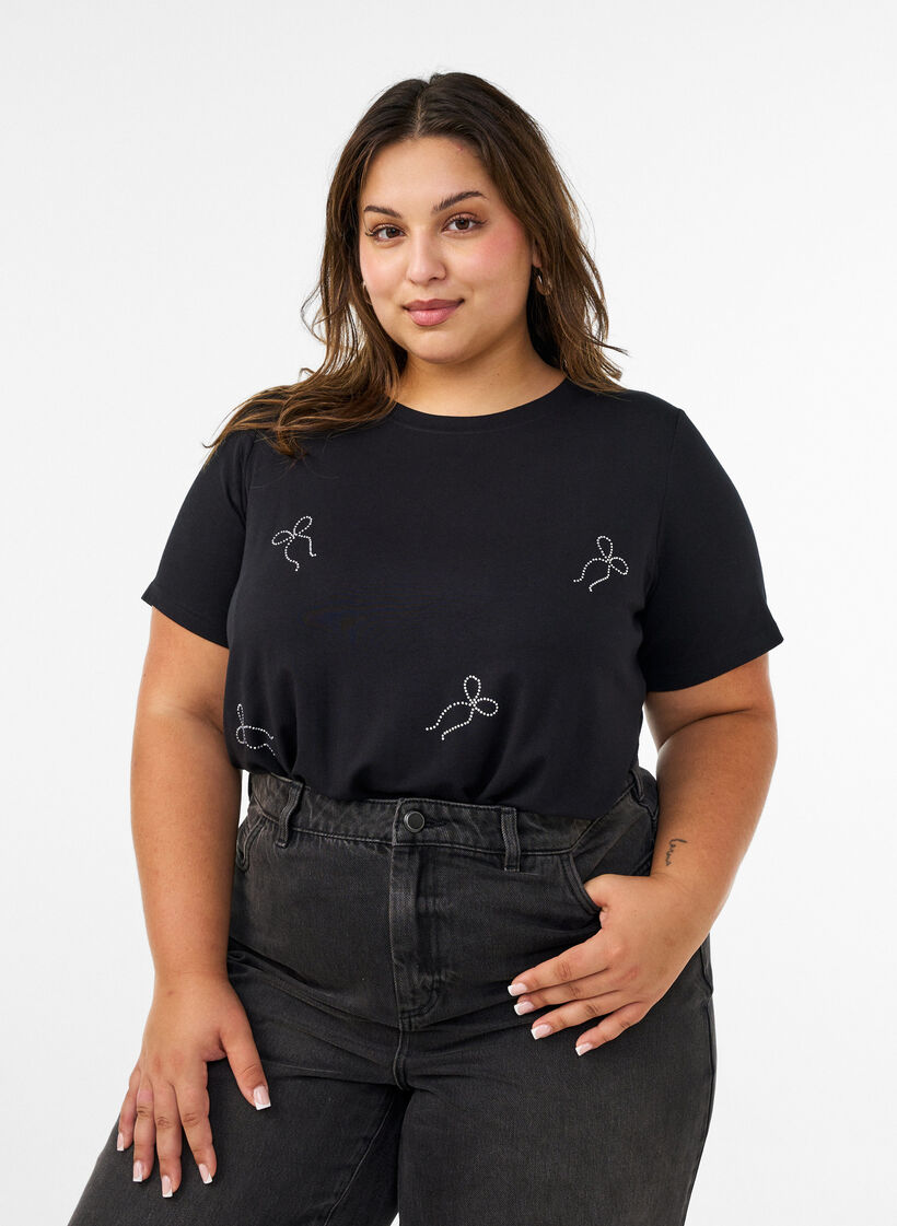 Viscose T-shirt met strassteentjes, Zwart, Model image number 0