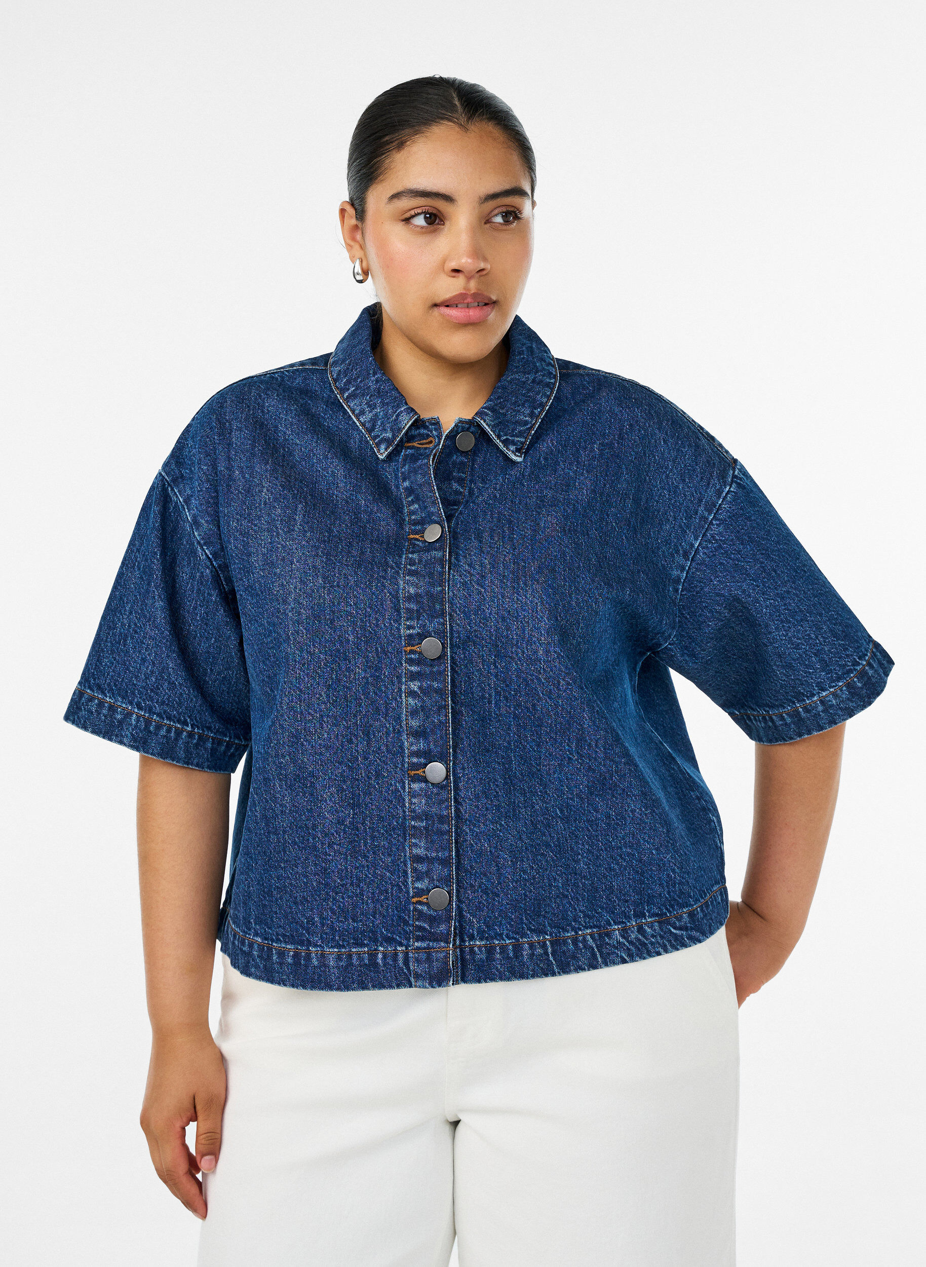 Denimjas met korte mouwen en knoopsluiting, Blauw, Model