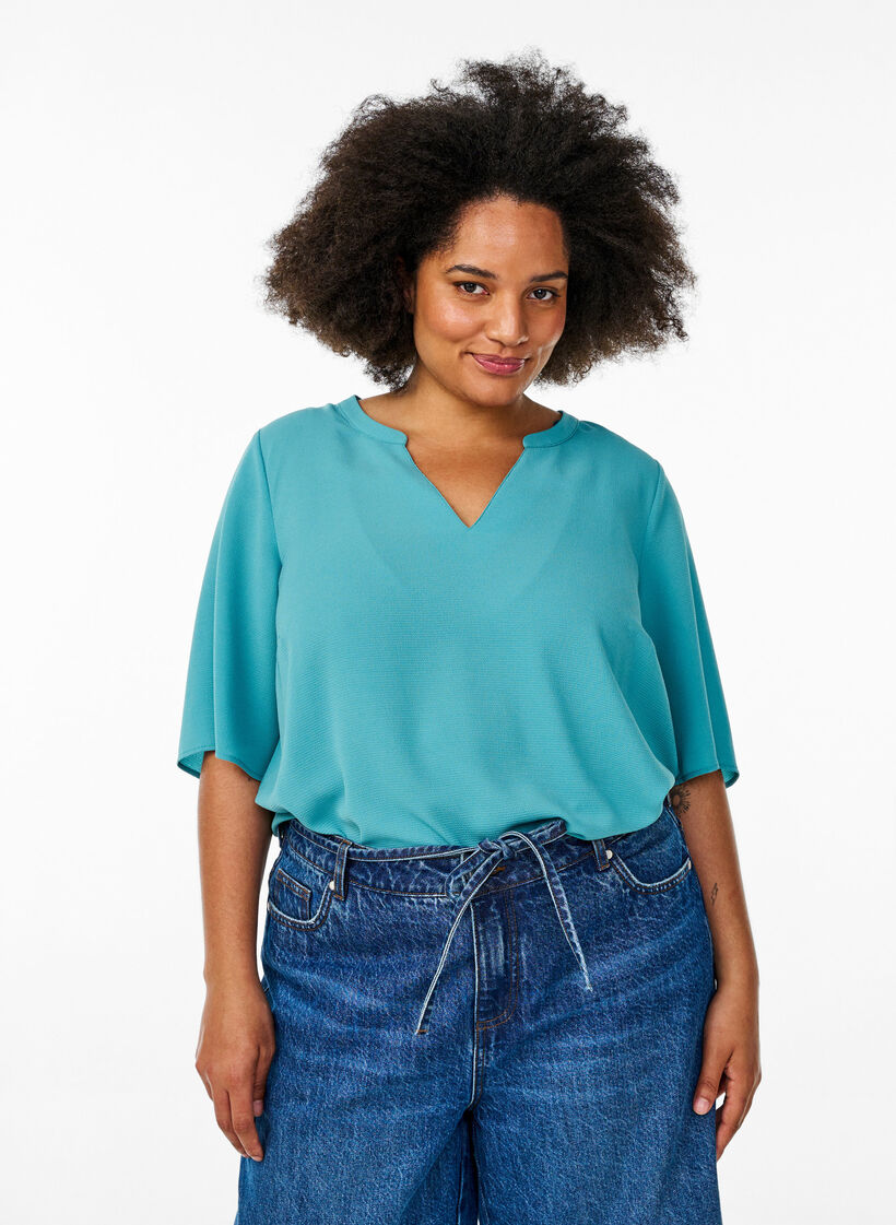 Blouse met korte mouwen en V-hals, Groen, Model image number 0