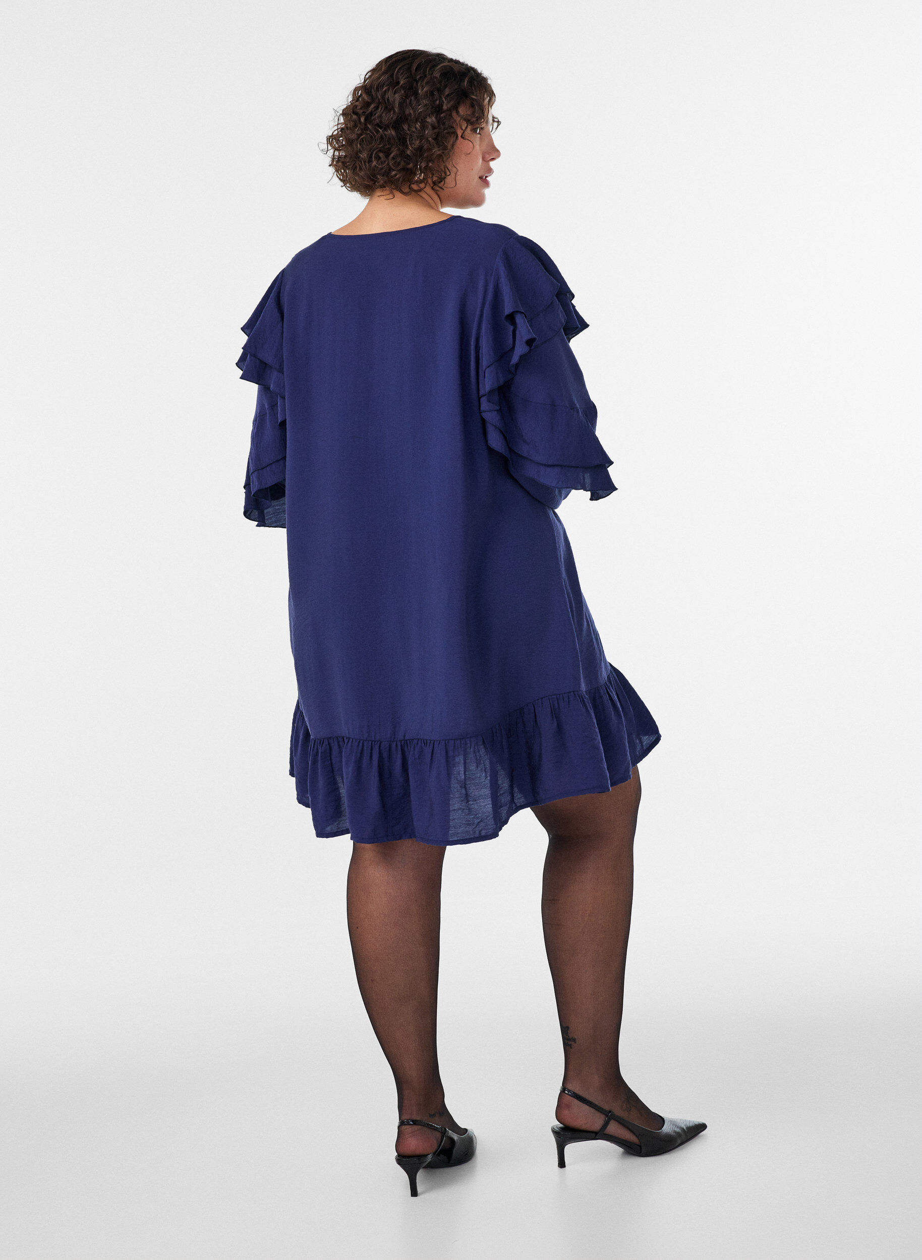 ZizziViscose jurk met ruches en strikbandjes, Blauw, Model image number 2