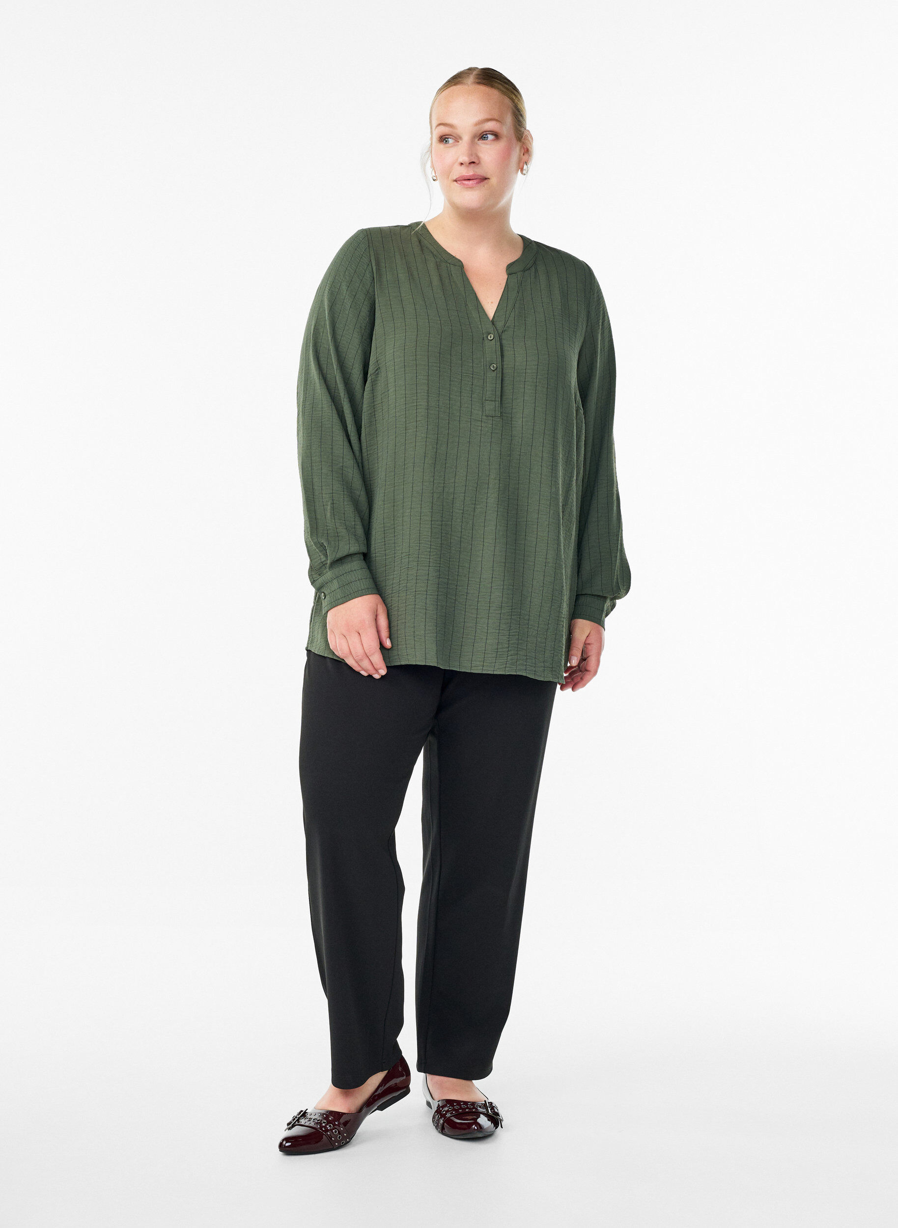 ZizziStreepjes overhemdblouse, Groen, Model image number 1
