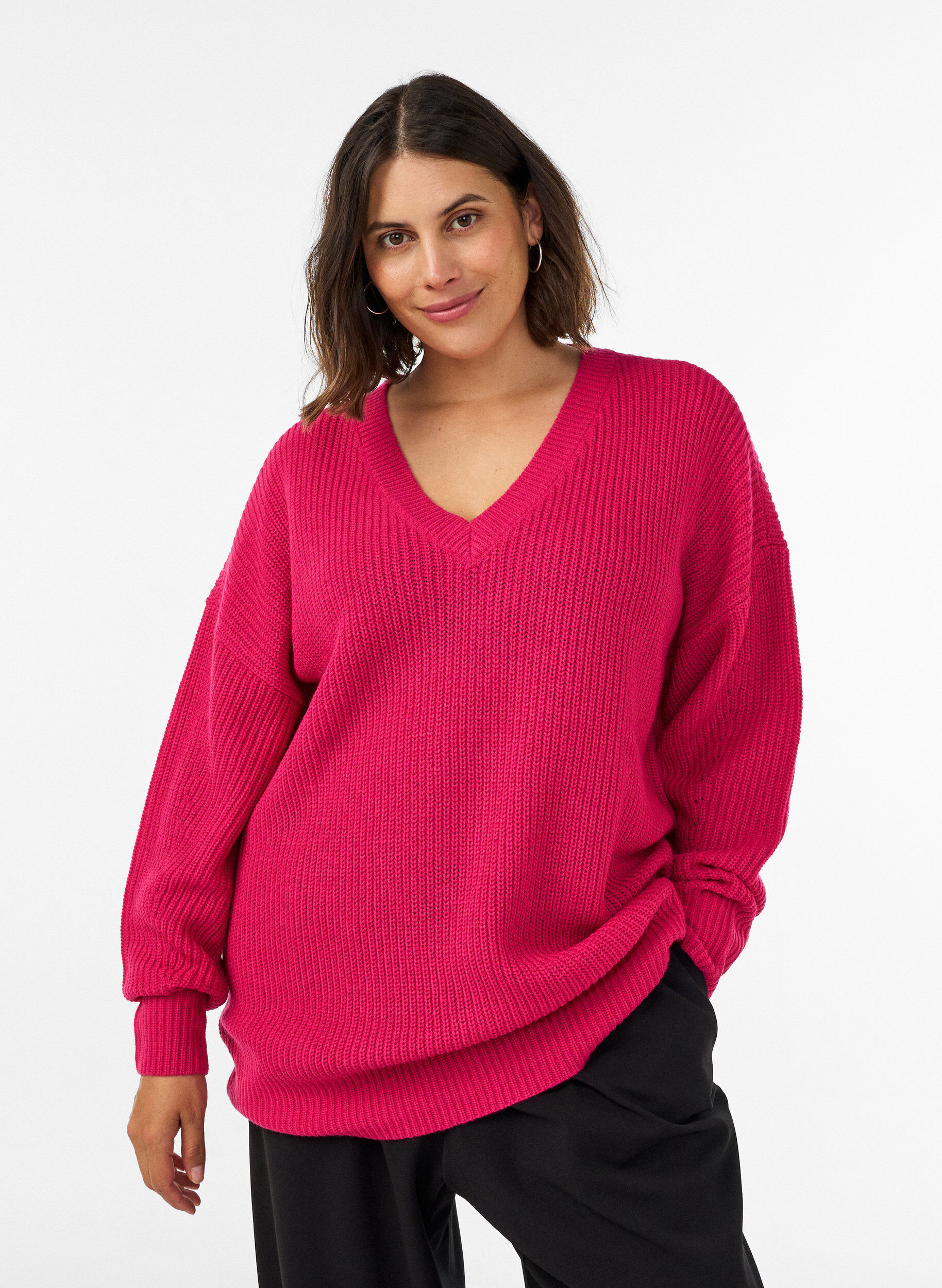 Lange ribgebreide blouse met V-hals, Roze, Model