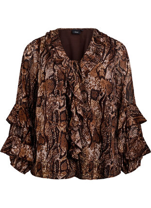 ZizziBlouse met dierenprint en ruches, Brown Snake AOP, Packshot image number 0