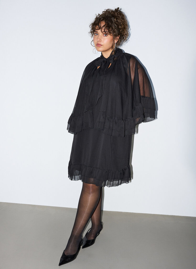 Mouwloze jurk met chiffon cape, Zwart, Model image number 1