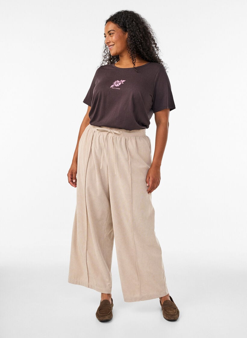 Corduroy broek met wijde pijpen en een hoge taille, Beige, Model image number 0