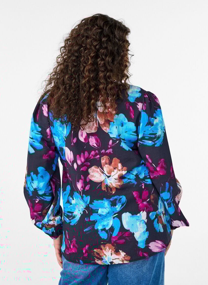 Viscose blouse met bloemenprint en lange mouwen, Zwart, Model image number 2