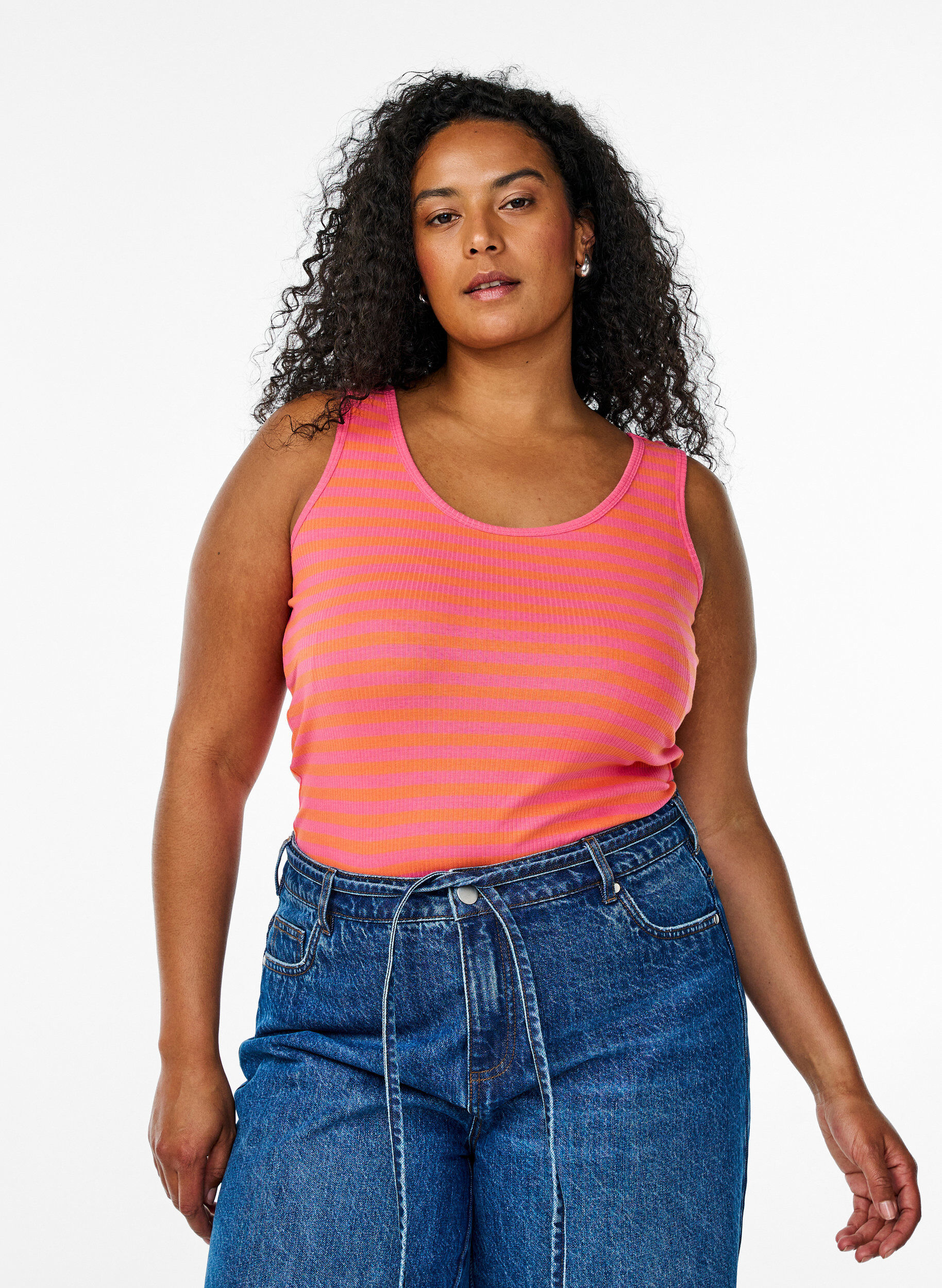 Gestreepte tanktop met een ribstructuur, Oranje, Model