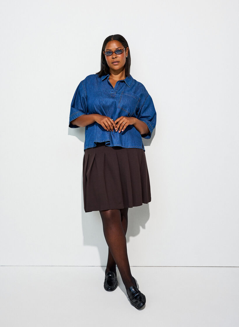 Denimblouse met borstzak en mouwen tot de elleboog, Blauw, Model image number 1