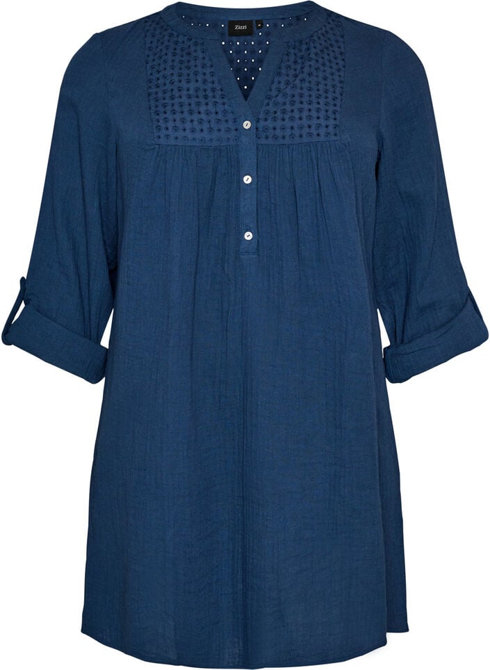 Katoenen mousseline tuniek met broderie anglaise, Blauw, Packshot image number 0