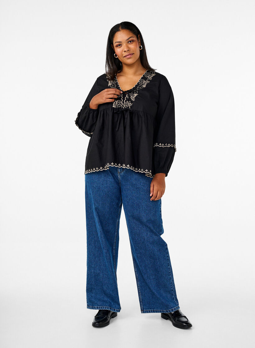 Blouse met open voorkant en geborduurde details, Zwart, Model image number 1