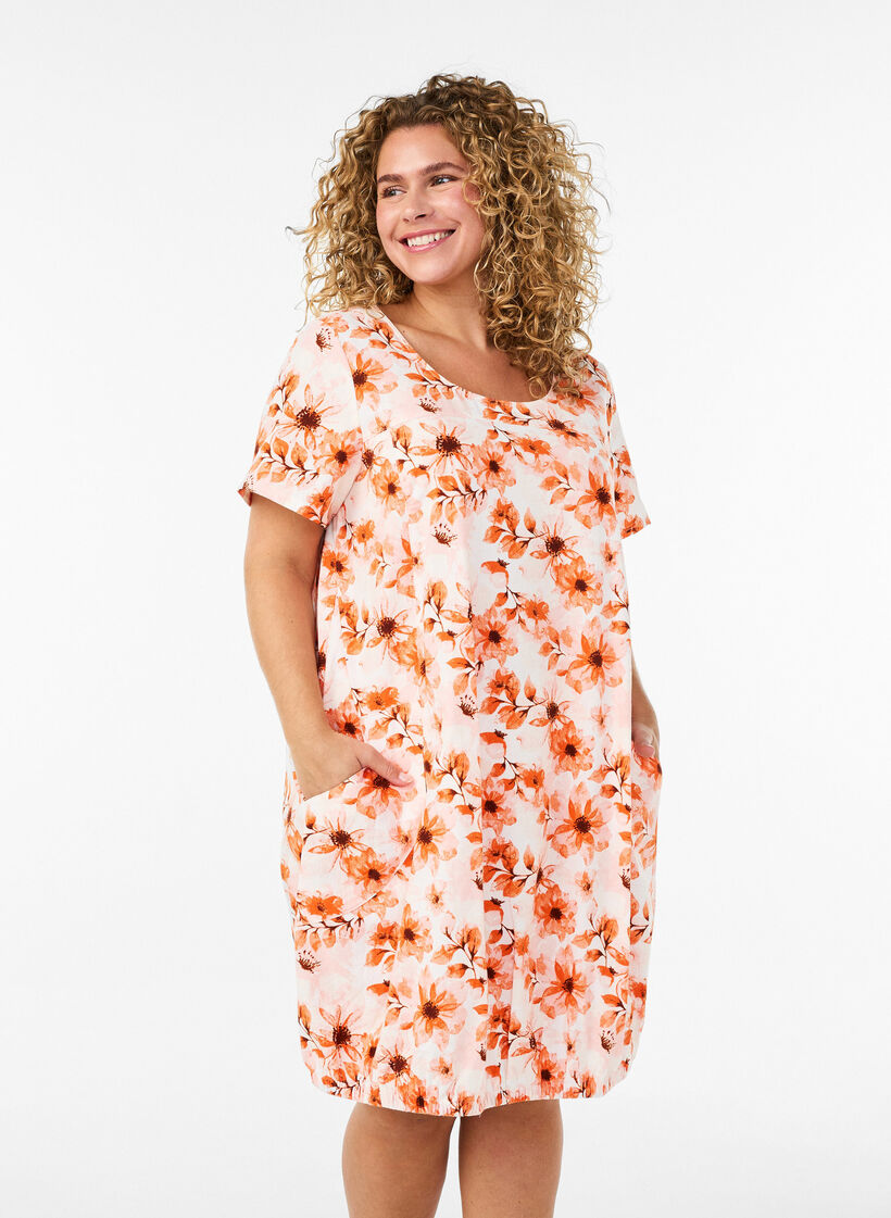 Katoenen jurk met korte mouwen en print, Oranje, Model image number 0