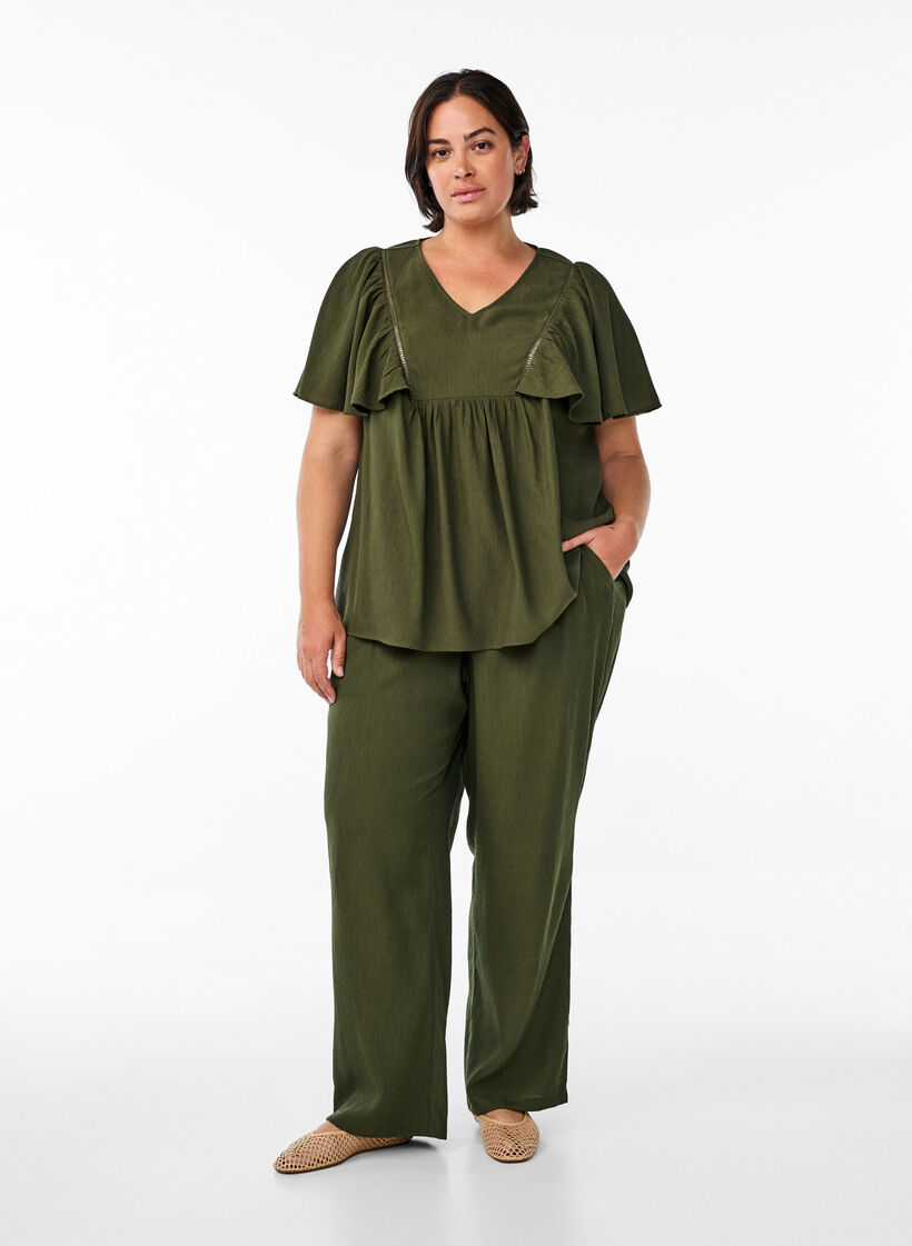 Blouse met korte mouwen met ruches, Groen, Model image number 1