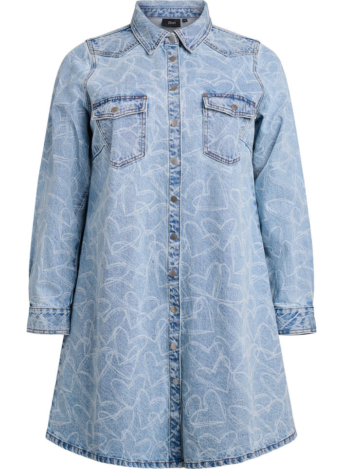 Denim jurk met hartjespatroon, Blauw, Packshot image number 0