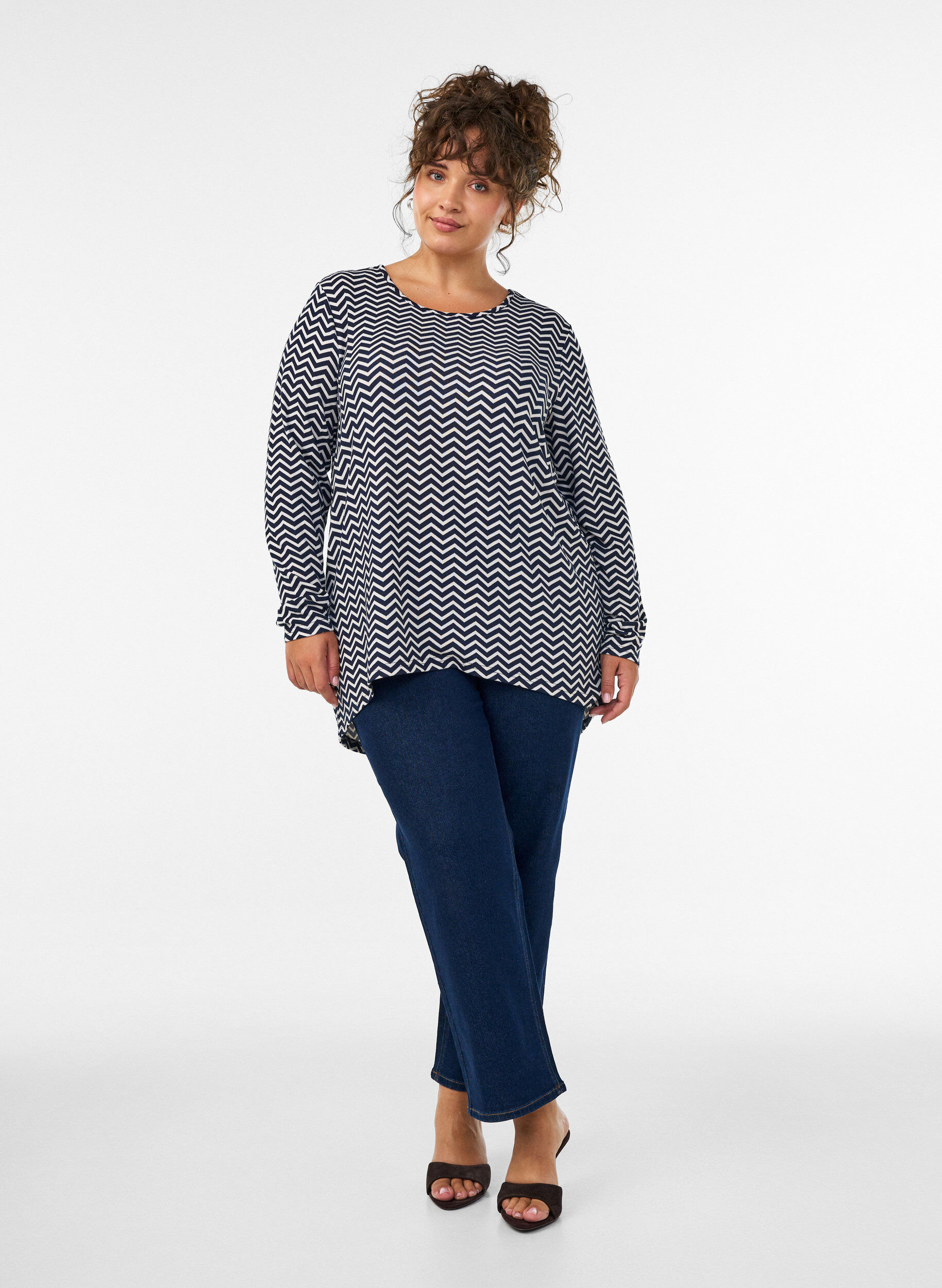 ZizziGedessineerde blouse met lange mouwen, Blauw, Model image number 1