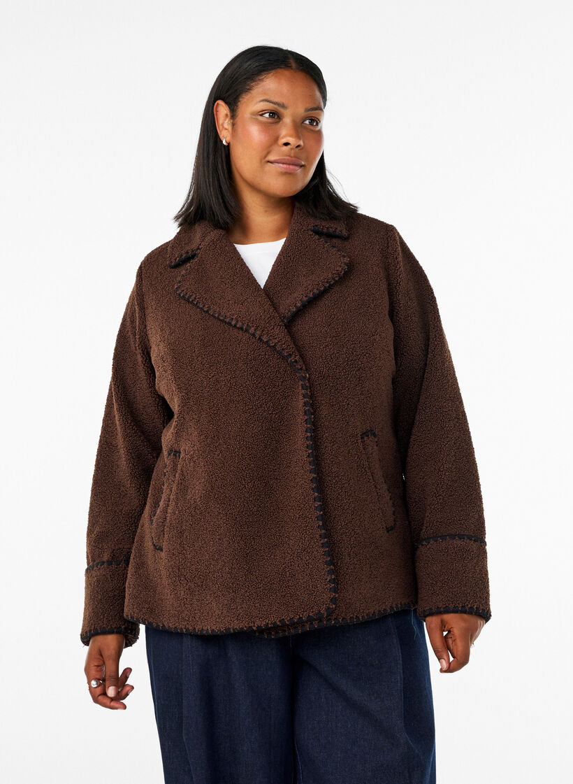 Teddy jas met contrast details, Bruin, Model image number 0
