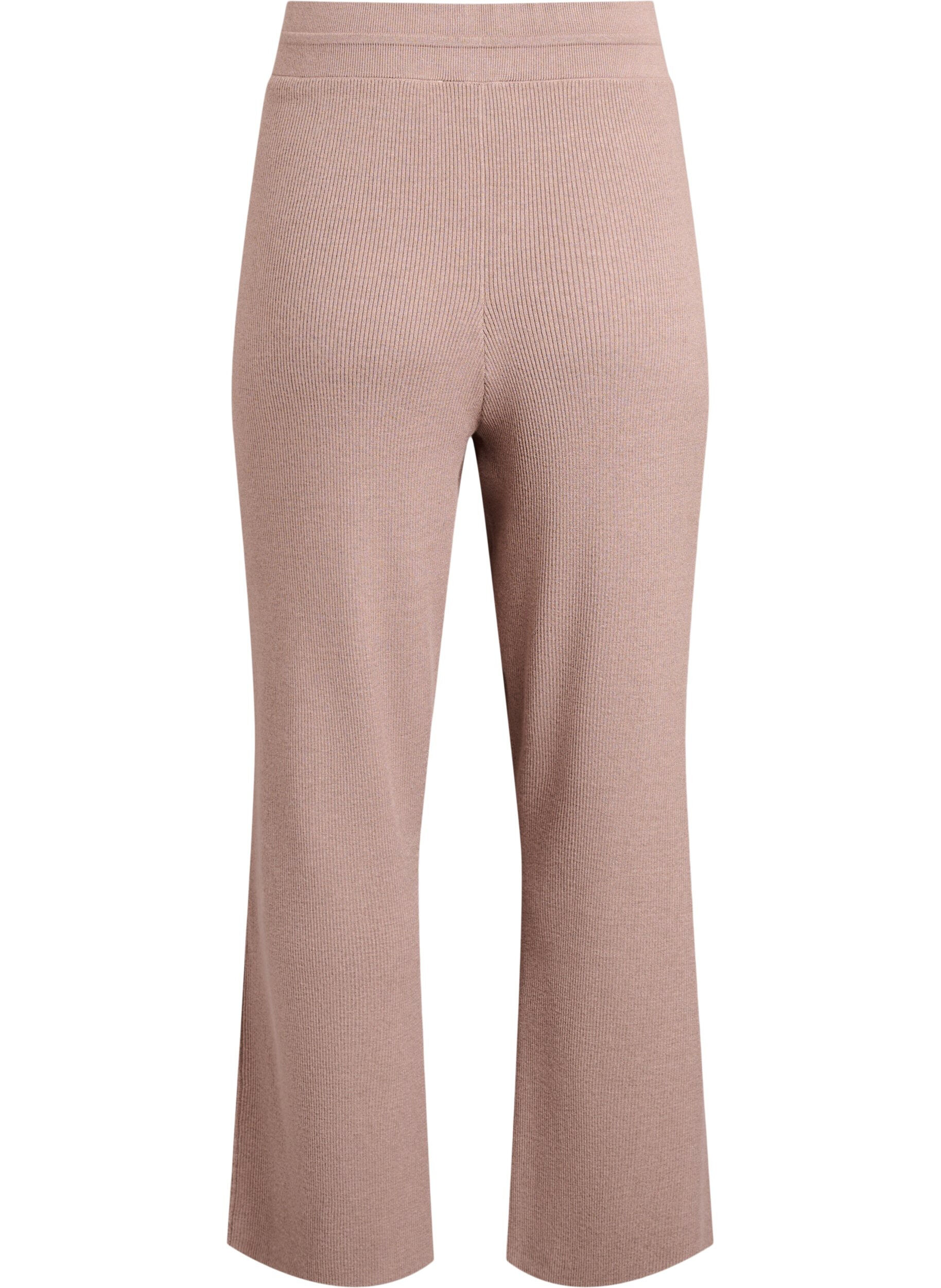 ZizziRibgebreide broek met hoge taille en rechte pijpen, Beige, Packshot image number 1