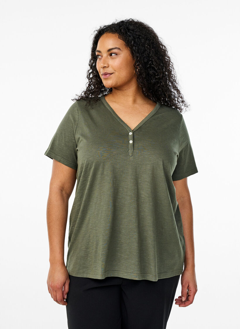 T-shirt met knoopdetail, Groen, Model image number 0