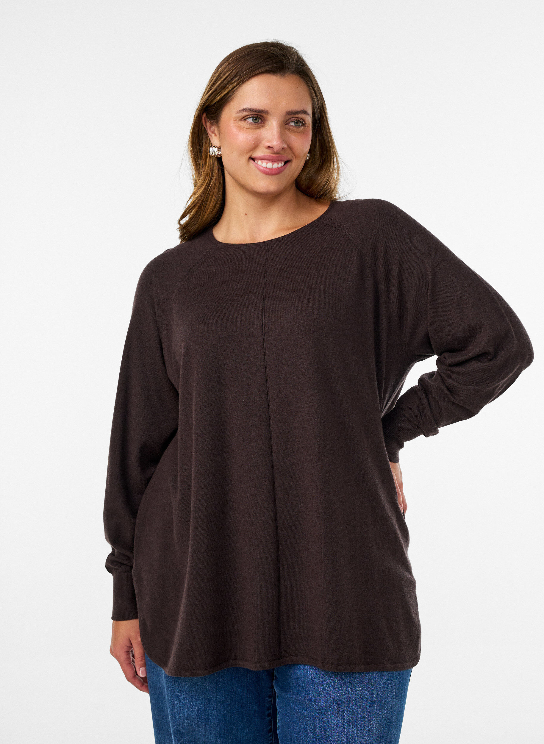 Gebreide top met ronde hals en ingebreid patroon, Bruin, Model