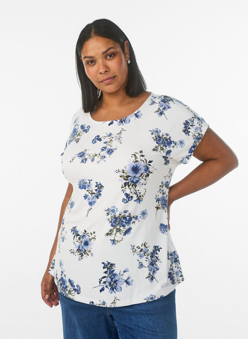 T-shirt met bloemenprint, Vanille, Model image number 0