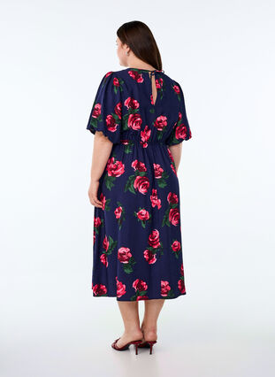 ZizziMidi-jurk met rozenprint en korte ballonmouwen, Pink Rose AOP, Model image number 1