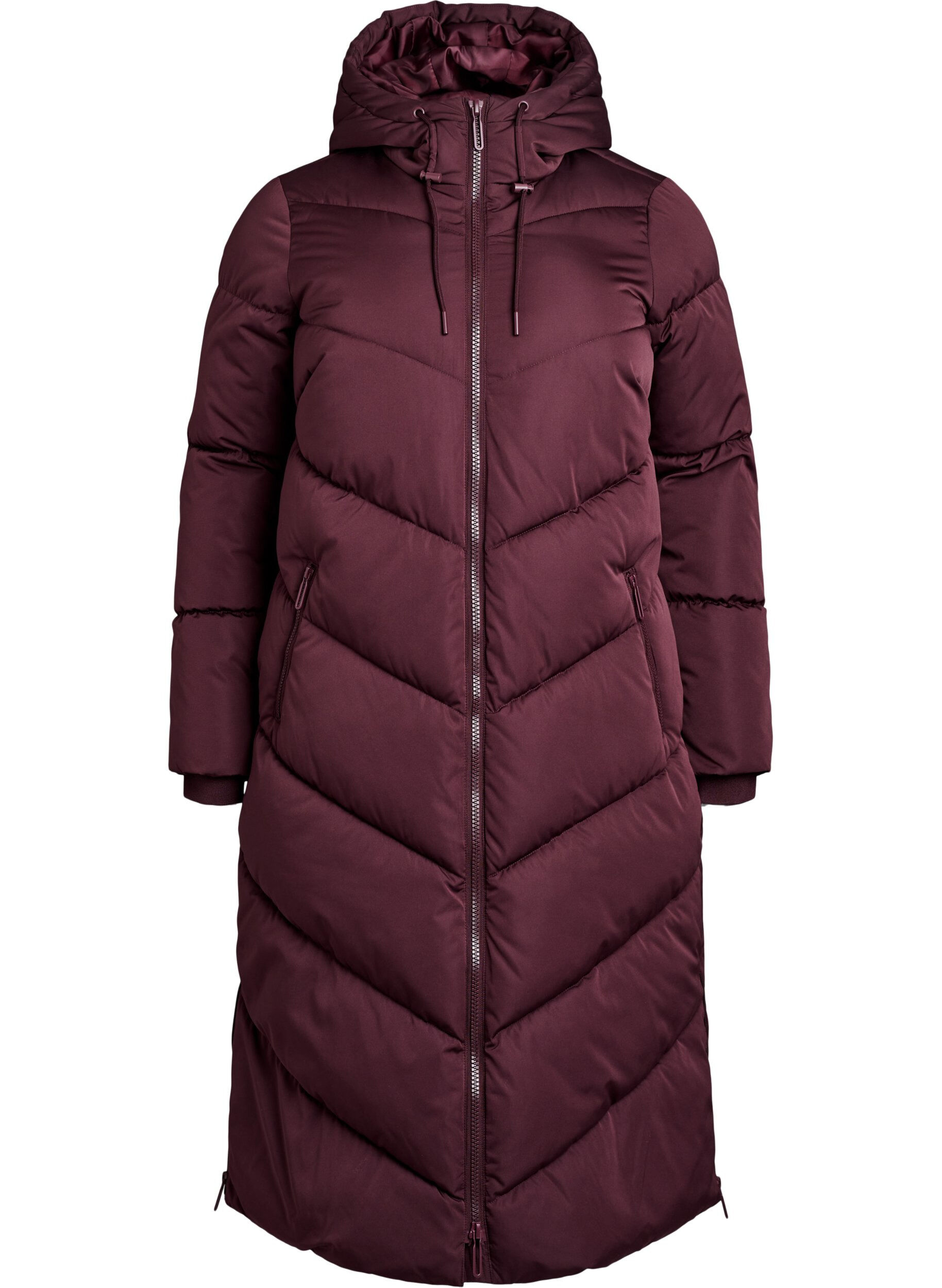 ZizziLange pufferjas met capuchon en zakken, Donker Bordeaux, Packshot image number 0