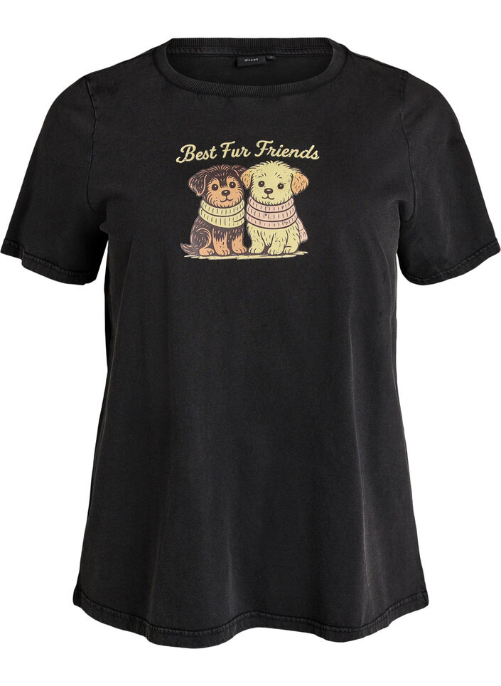 T-shirt met hondenprint en gewassen look, Grijs, Packshot image number 0