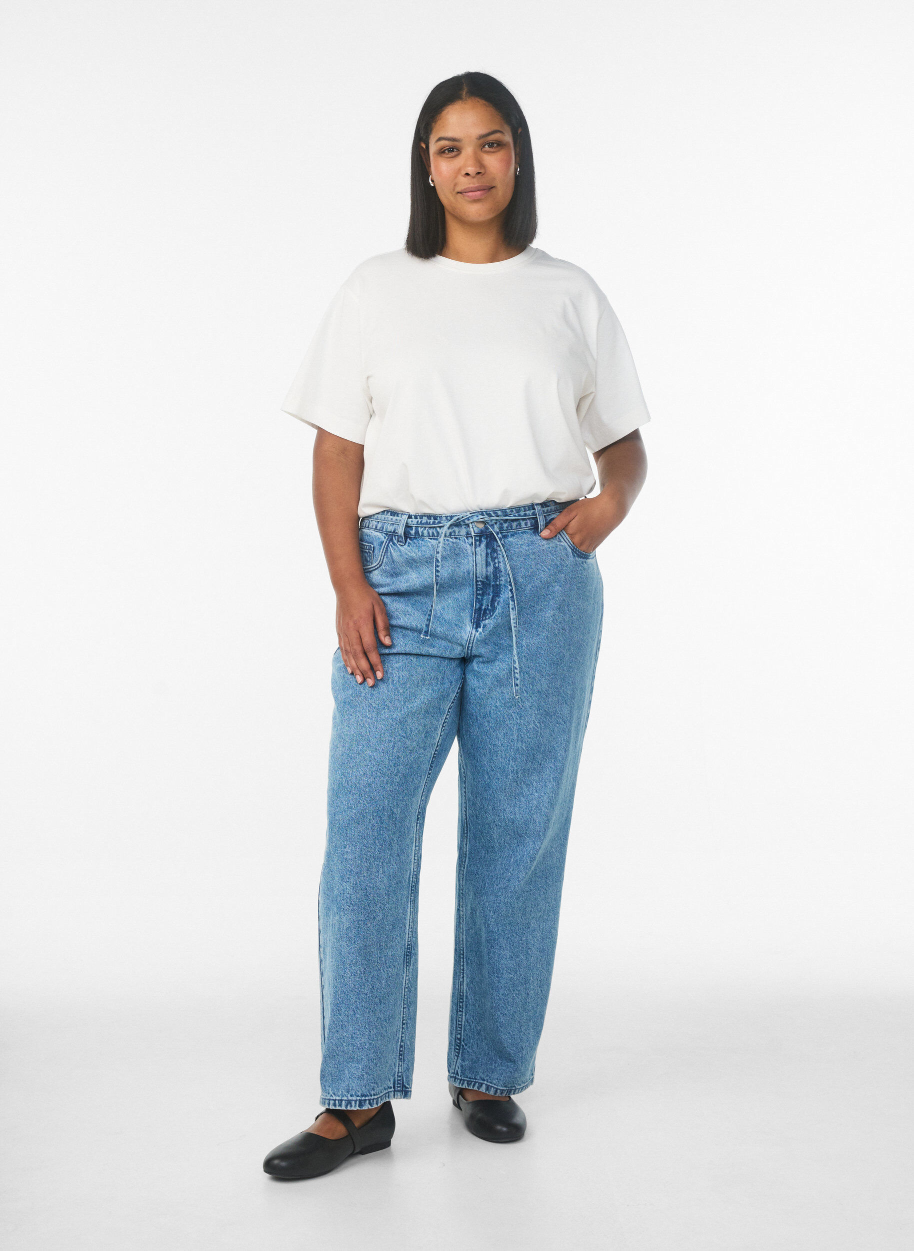 ZizziStraight-fit jeans met een strikceintuur, Blauw, Model image number 0